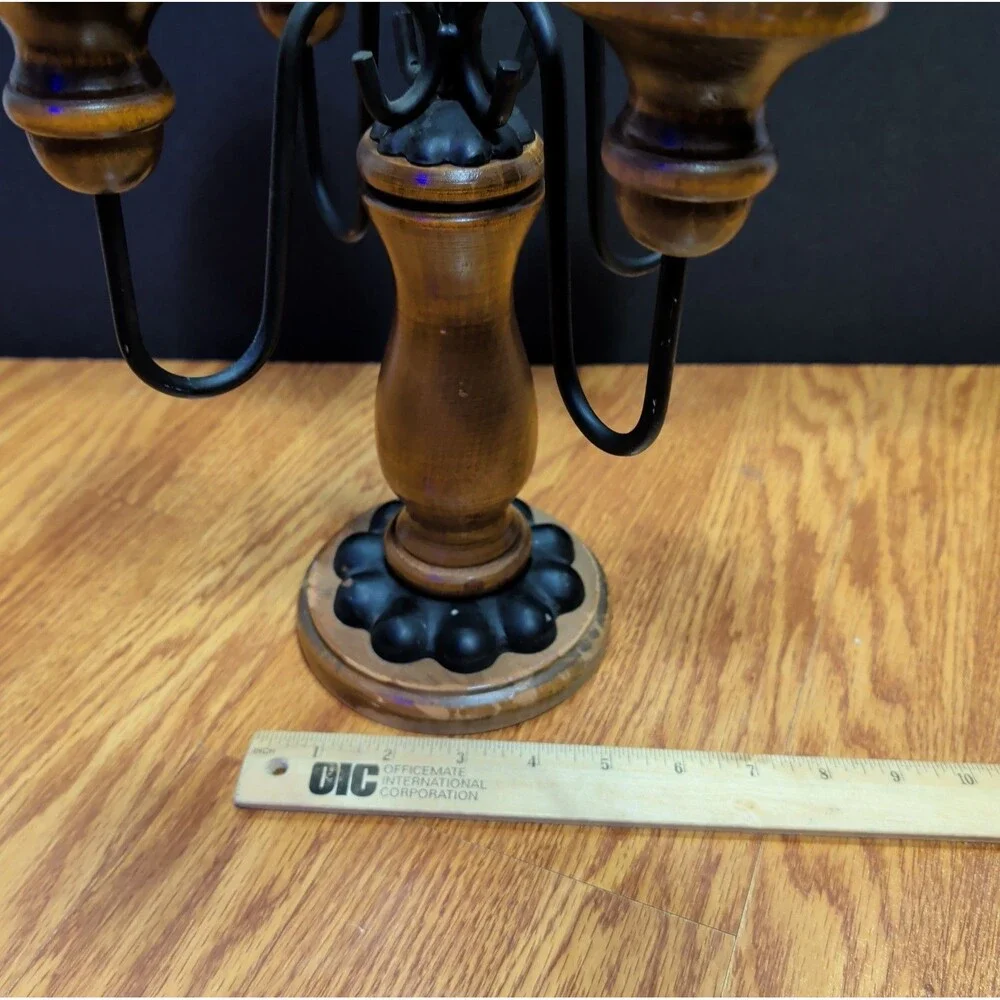 Vintage Wood & Black Metal 5 Light Candelabra Farmhouse Taper Candle Holder 15
